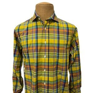 INDIVIDUALIZED SHIRTS Dress Shirt Madras Plaid Yellow Blue Bespoke Size 16